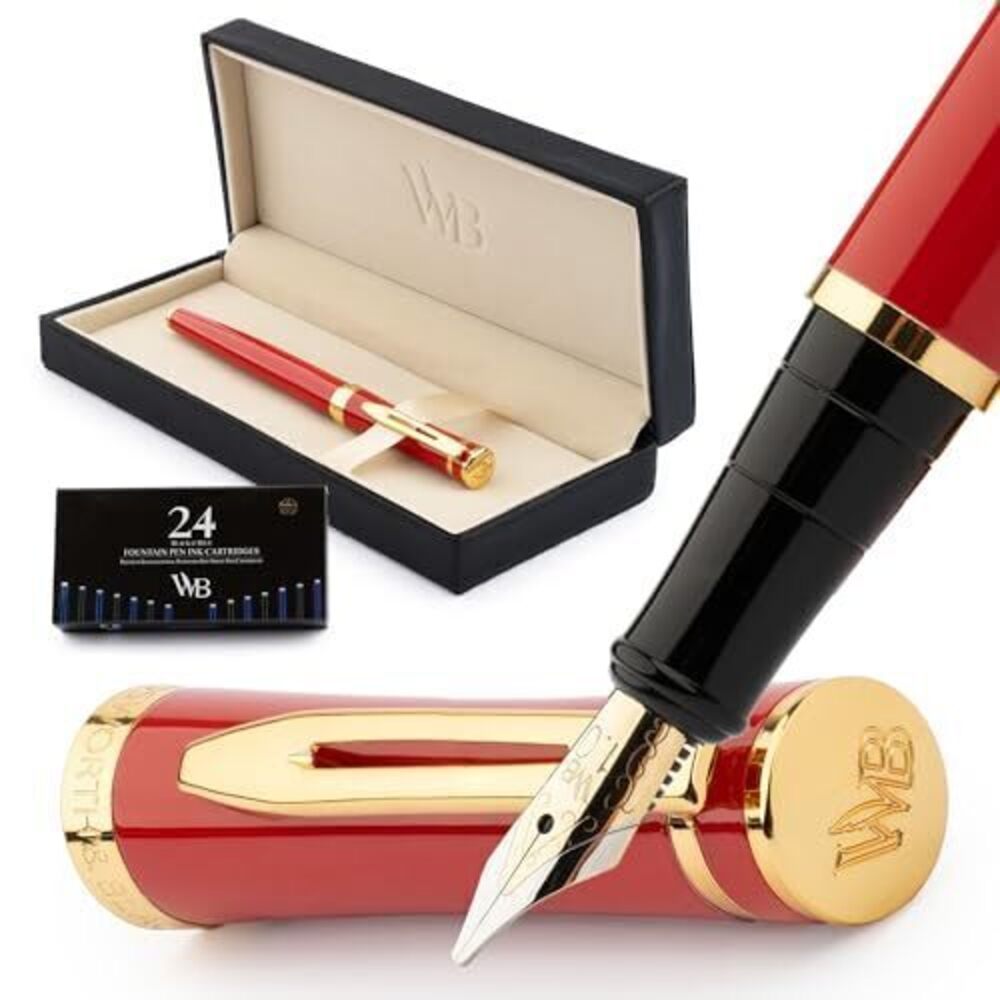 9443 Fountain Pen Set, 18K Gilded Broad Nib, Includes 24 Pack Ink